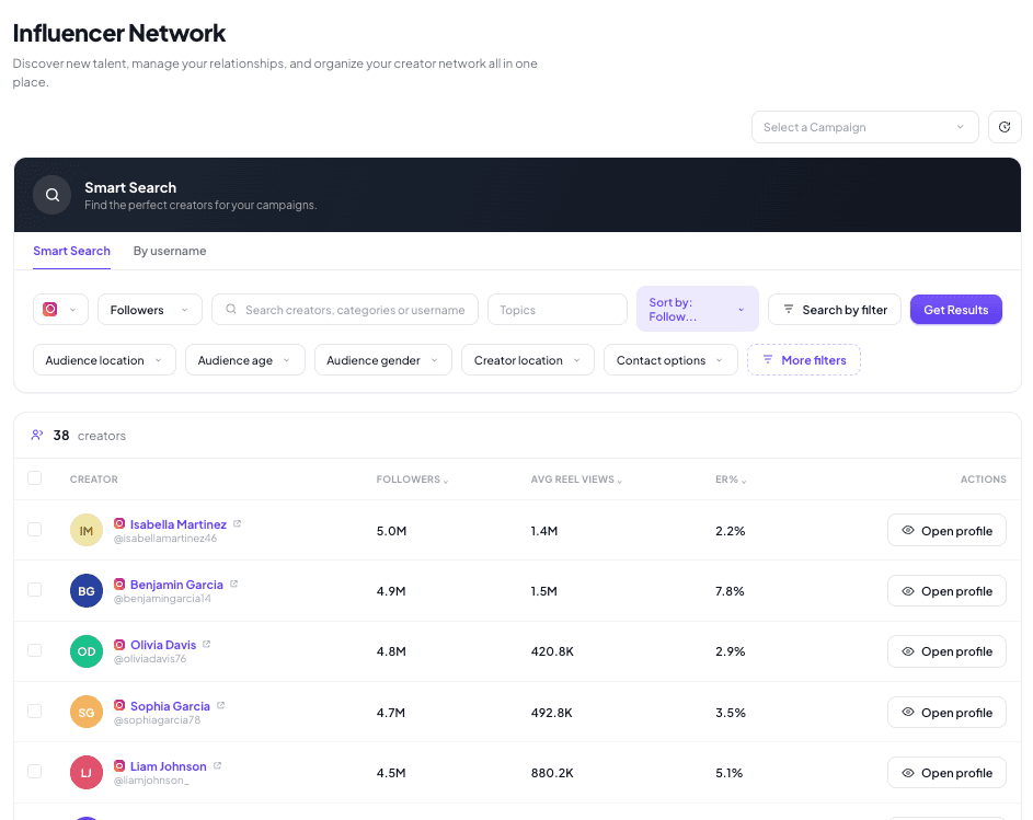 Influencer Network with Smart Search, filters, and creator results table