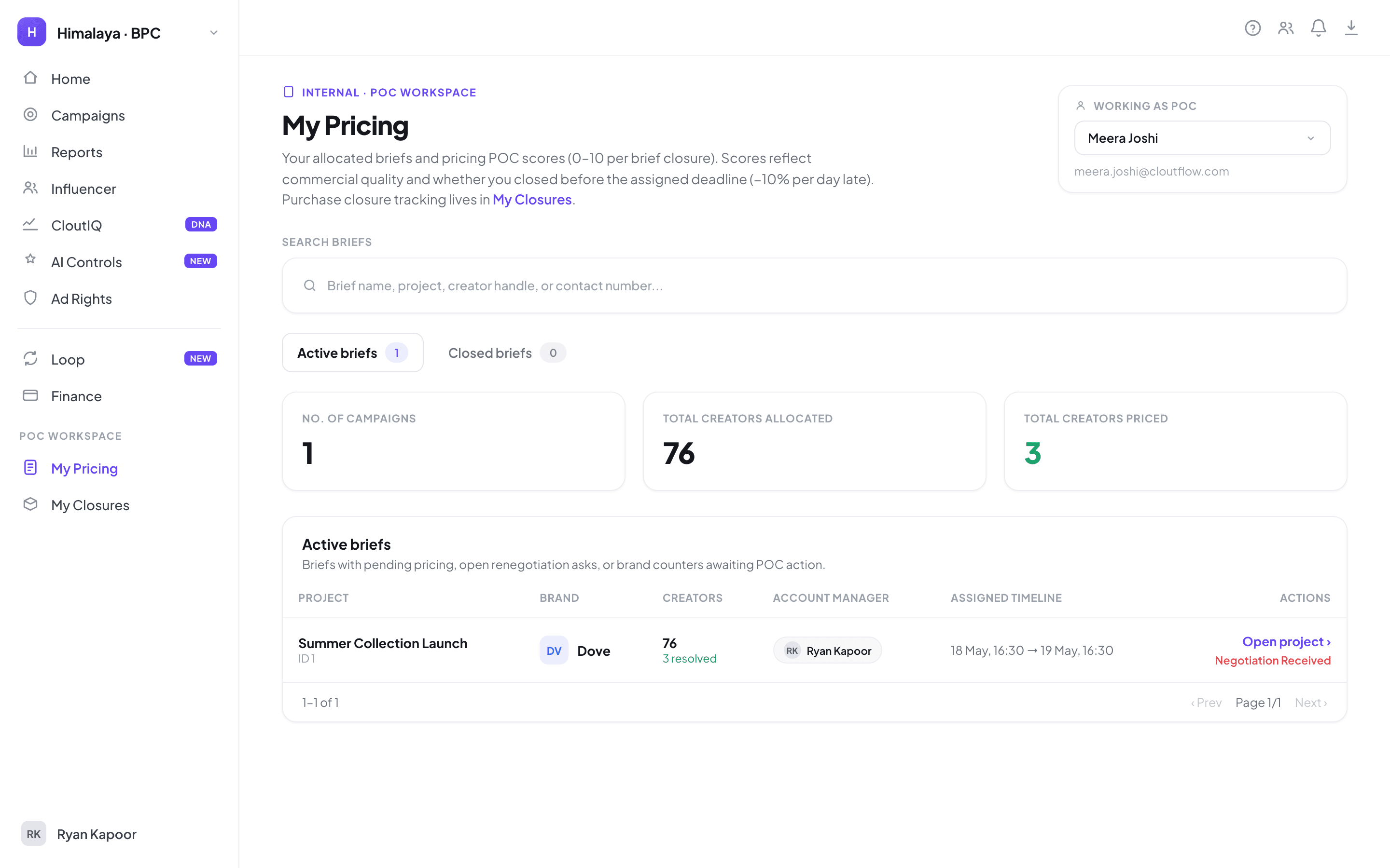 My Pricing workspace with rate cards and negotiation status