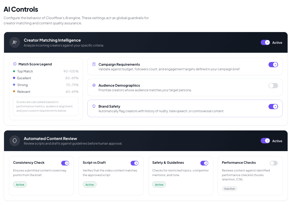 AI Controls settings for authenticity and content quality